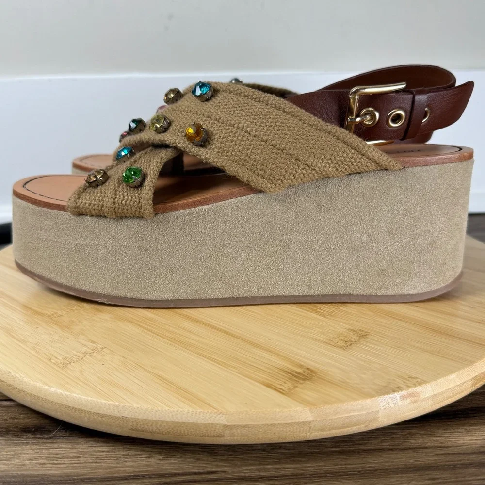 Free People Beach Club Platform Sandals Womens 8 Tan Jeweled Boho Chunky Shoes